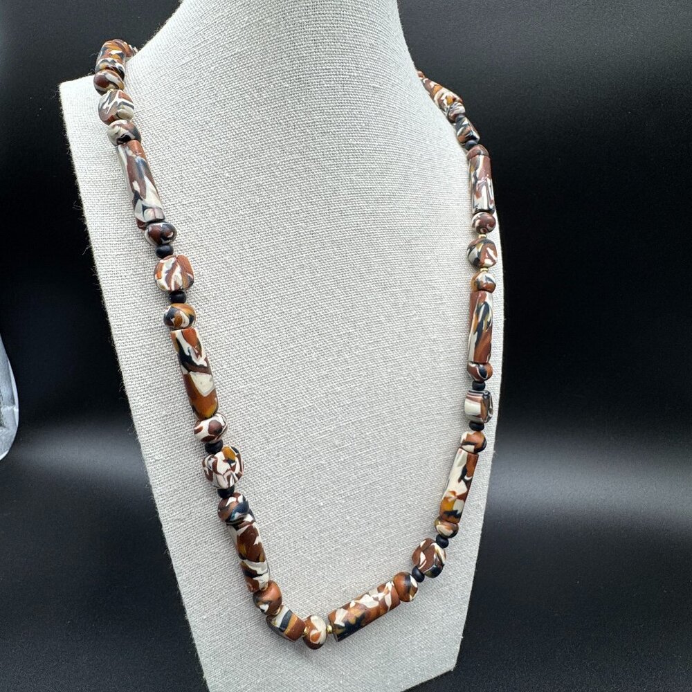 Long Multicoloured Marbled Beads Necklace Cream, Brown, Black Resin 30 inches